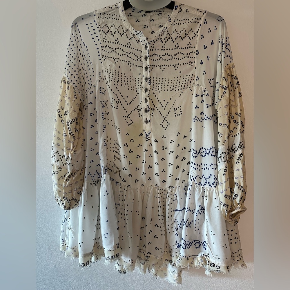 Free People long-sleeved mini dress, white with blue and black print.